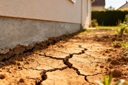 Sol argileux craquelé par la sécheresse au pied du soubassement en béton d'une maison individuelle
