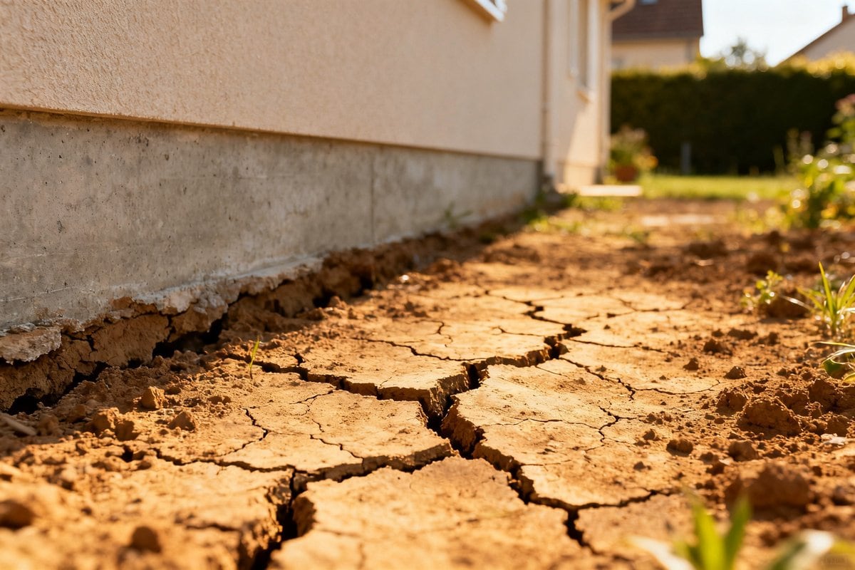 Sol argileux craquelé par la sécheresse au pied du soubassement en béton d'une maison individuelle