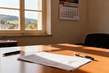 Document signé posé sur une table de bureau, deux stylos, fenêtre ouverte sur la campagne et calendrier mural