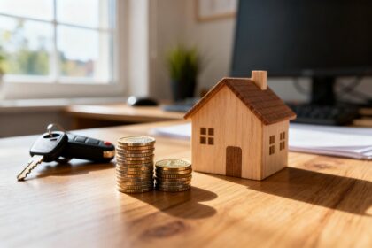 Une clé de voiture, deux piles de pièces en euros et une petite maison en bois sur un bureau