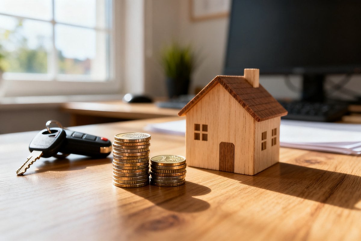 Une clé de voiture, deux piles de pièces en euros et une petite maison en bois sur un bureau