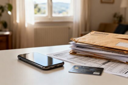 Smartphone et carte bancaire posés sur un bureau à côté d'une pile de courriers et relevés papier