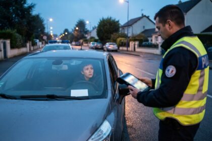 Policier en gilet jaune consultant une tablette près d'une voiture arrêtée, conductrice au volant, rue au crépuscule