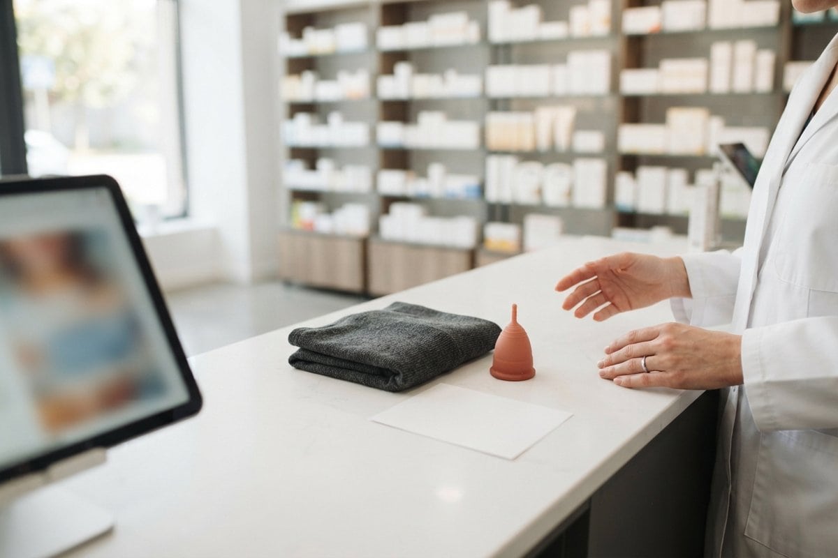 Coupe menstruelle en silicone et textile plié sur le comptoir d'une pharmacie, mains d'une pharmacienne en blouse