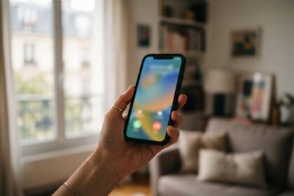 Une main tient un smartphone affichant un appel entrant dans un salon lumineux