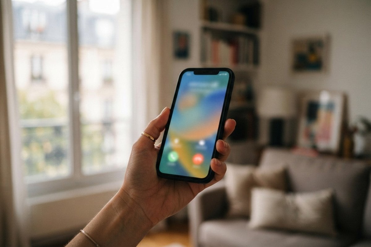 Une main tient un smartphone affichant un appel entrant dans un salon lumineux