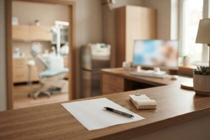 Comptoir d'accueil en bois d'un cabinet dentaire, feuille blanche et stylo, fauteuil de soins flou en arrière-plan