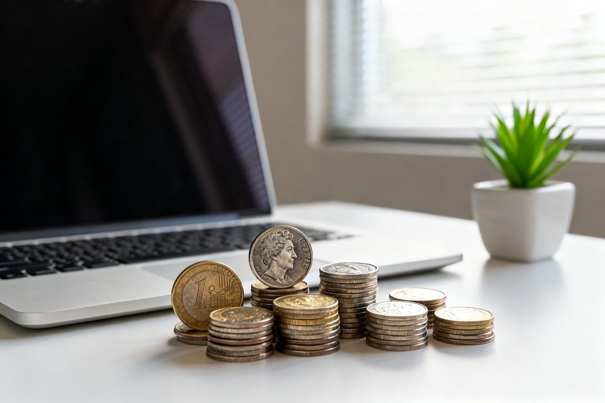 Piles de pièces en euros et devises étrangères sur un bureau blanc, à côté d'un ordinateur portable et d'une plante