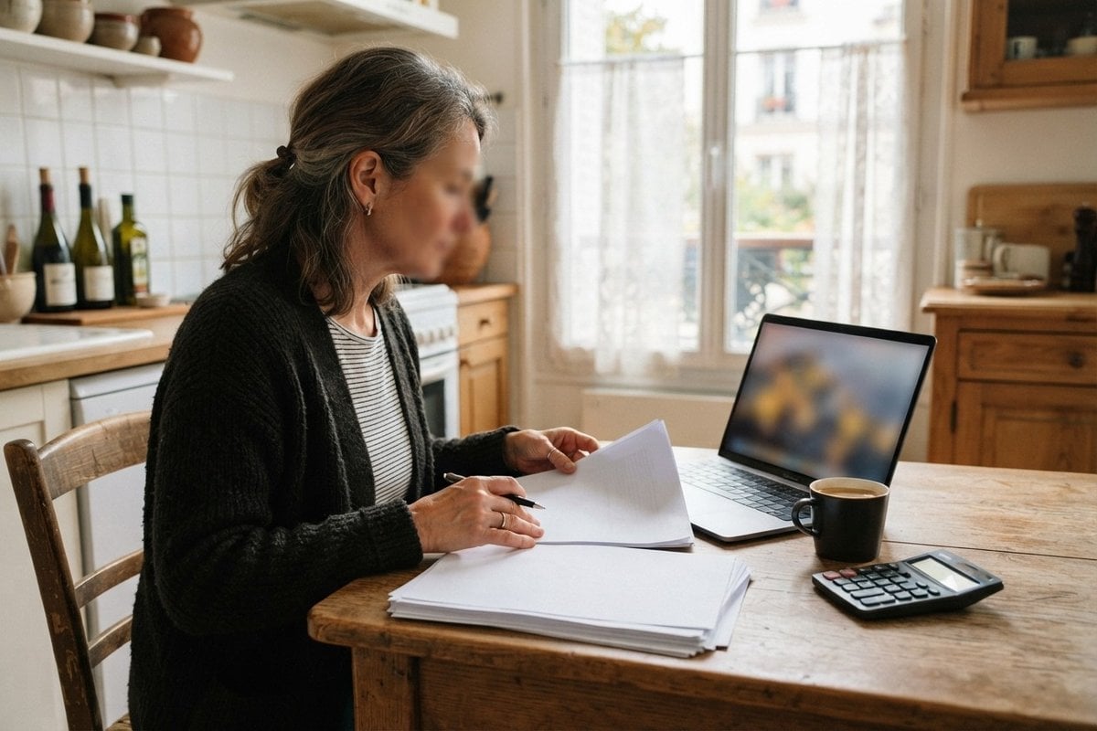 Femme d'une cinquantaine d'années examinant des documents papier à sa table de cuisine, ordinateur portable et calculatrice