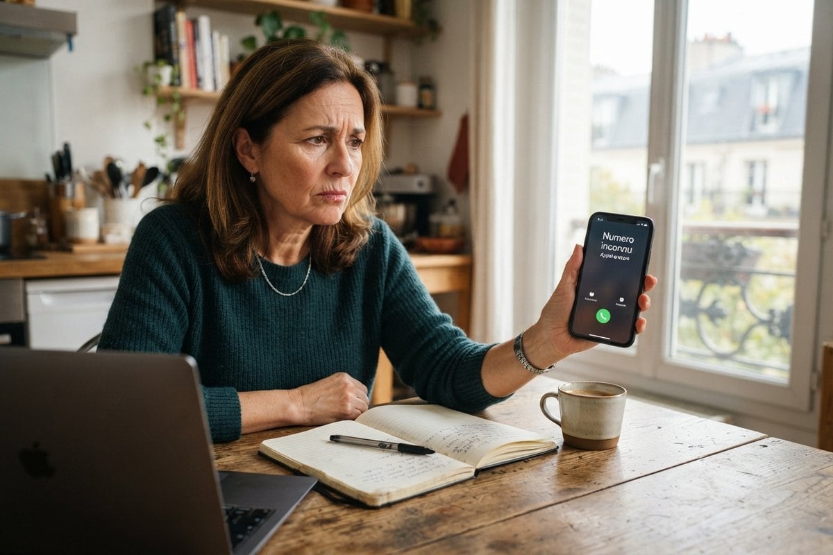 Une femme assise à une table de cuisine tend son téléphone affichant un appel d'un numéro inconnu