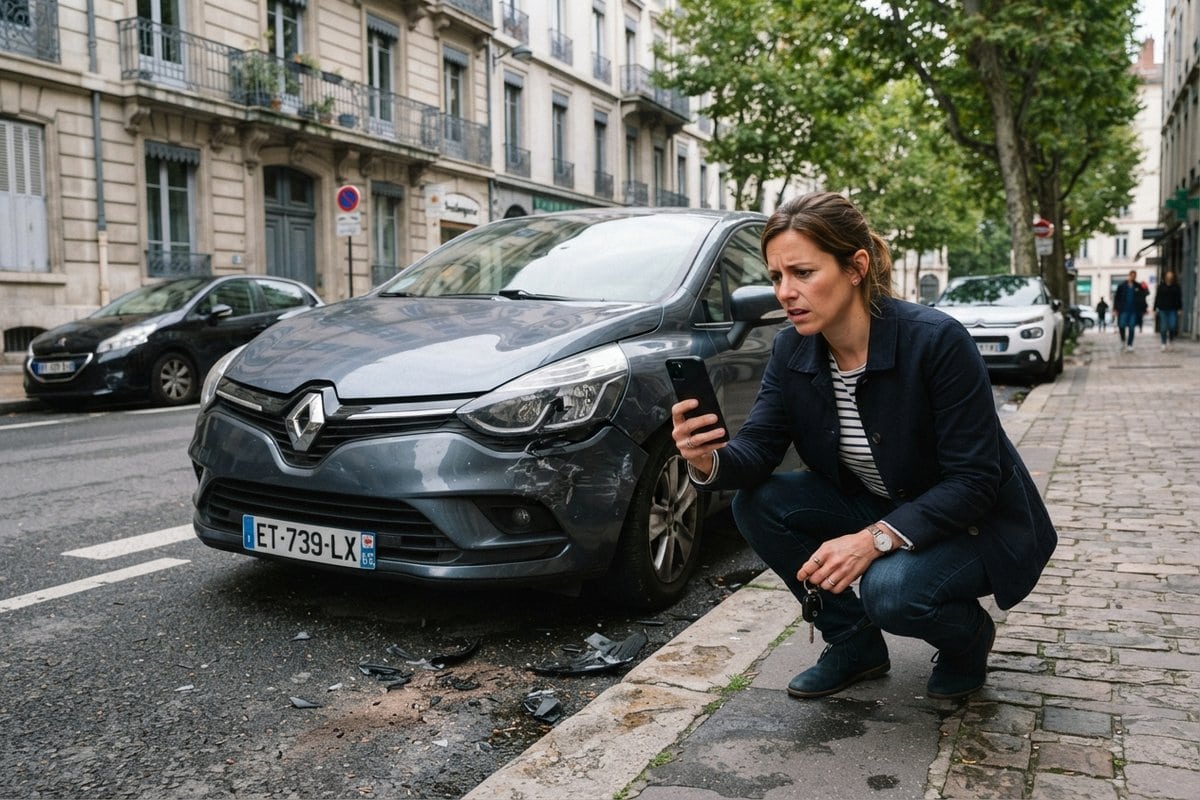 Femme accroupie photographiant avec son téléphone l'aile avant endommagée d'une voiture grise, en rue