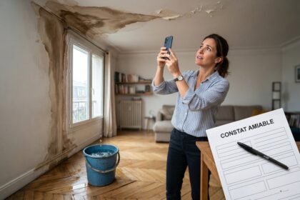 Femme photographiant au smartphone un plafond taché par une infiltration, un seau d'eau sur le parquet et un constat amiable