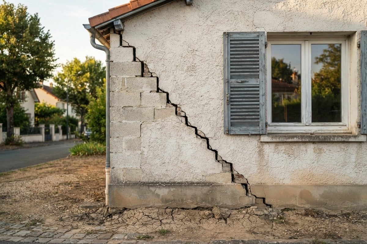 Fissure en escalier traversant la façade d'un pavillon, sol argileux craquelé au pied des fondations