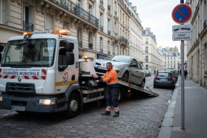 Dépanneuse de fourrière municipale chargeant une voiture grise sur une rue pavée, un opérateur en gilet orange aux commandes