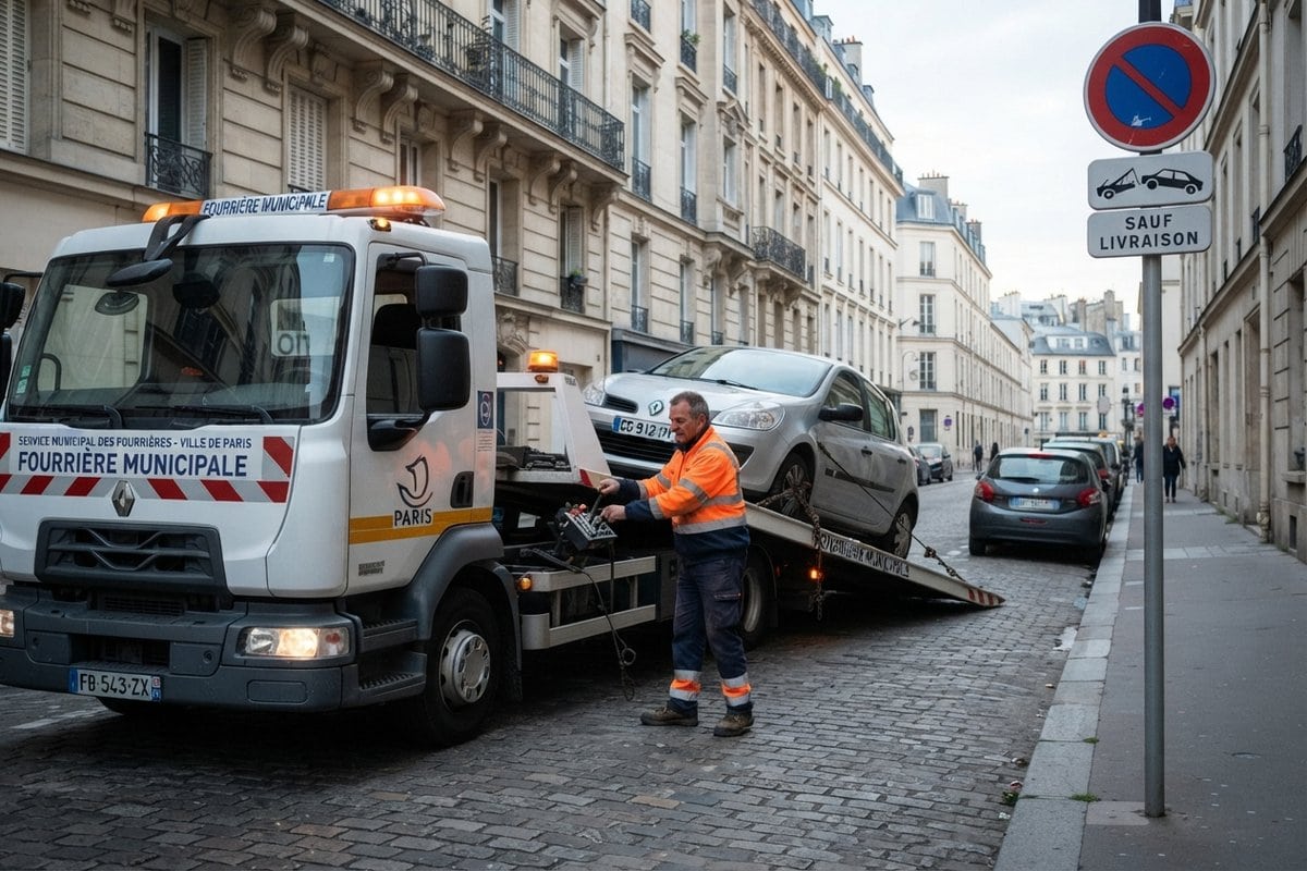 Dépanneuse de fourrière municipale chargeant une voiture grise sur une rue pavée, un opérateur en gilet orange aux commandes