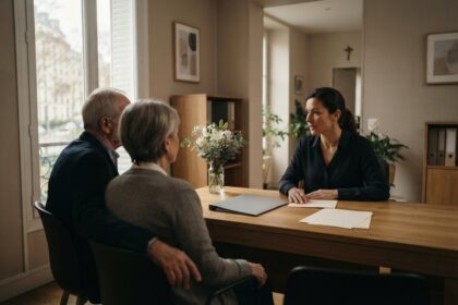 Un couple âgé assis face à une conseillère derrière un bureau en bois, bouquet blanc et feuilles vierges