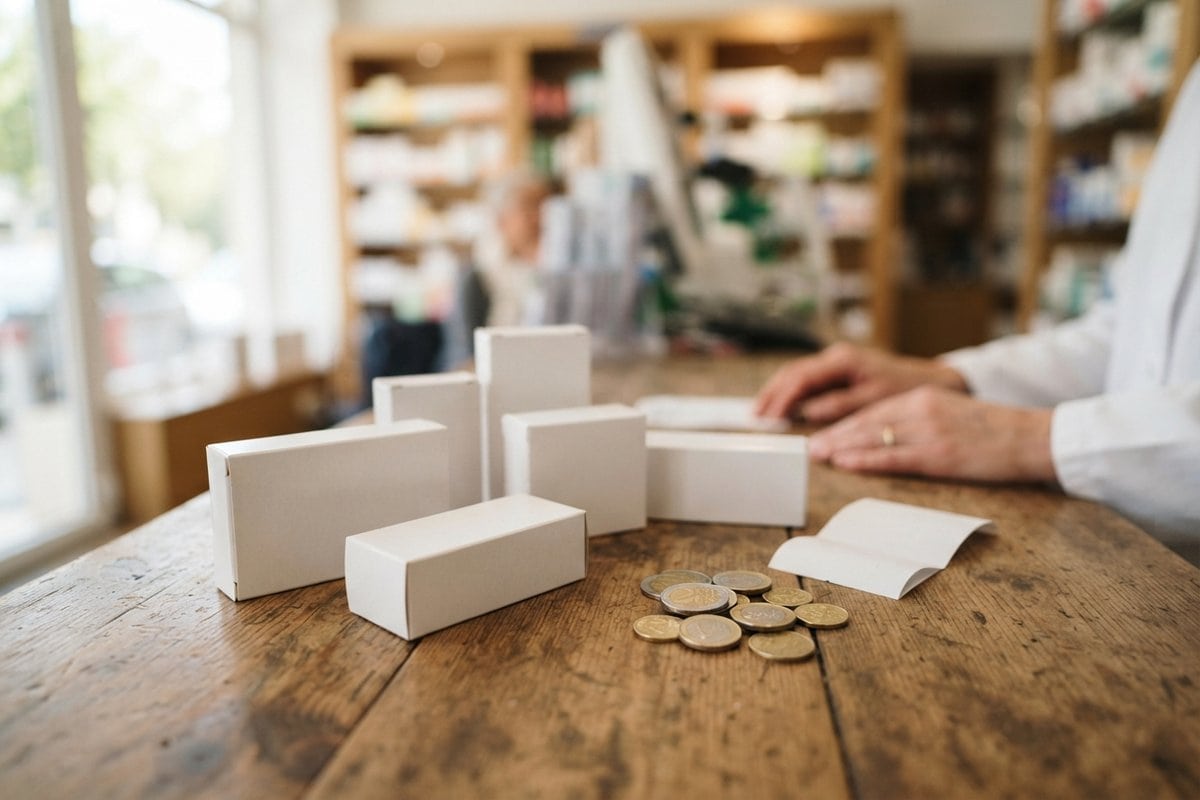 Boîtes de médicaments blanches, pièces en euros et ticket vierge sur le comptoir d'une pharmacie