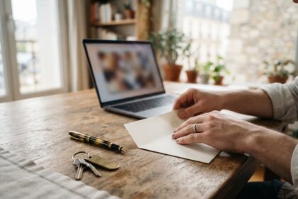 Mains fermant une enveloppe blanche sur une table en bois, un stylo et un trousseau de clés posés à côté