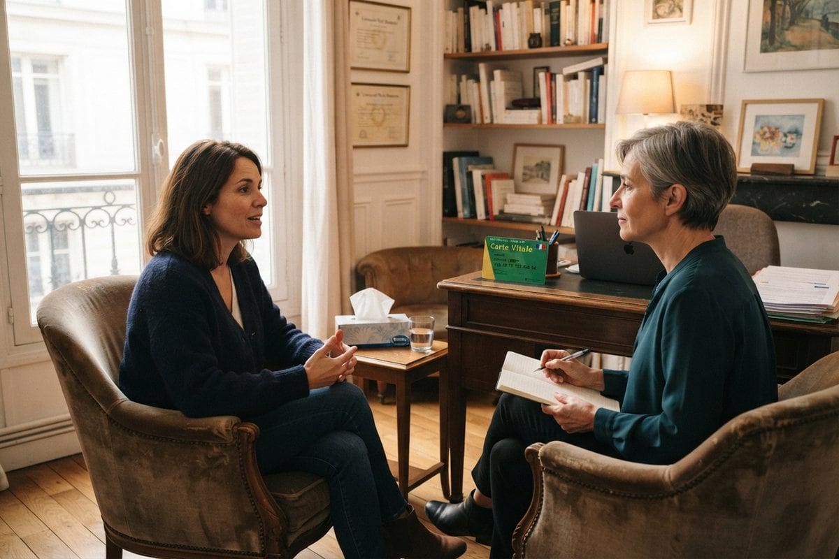 Une patiente échange avec une psychologue dans un cabinet aux fauteuils anciens, une carte Vitale posée sur le bureau