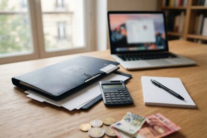 Classeur de contrat, calculatrice, bloc-notes et billets en euros sur un bureau en bois devant une fenêtre