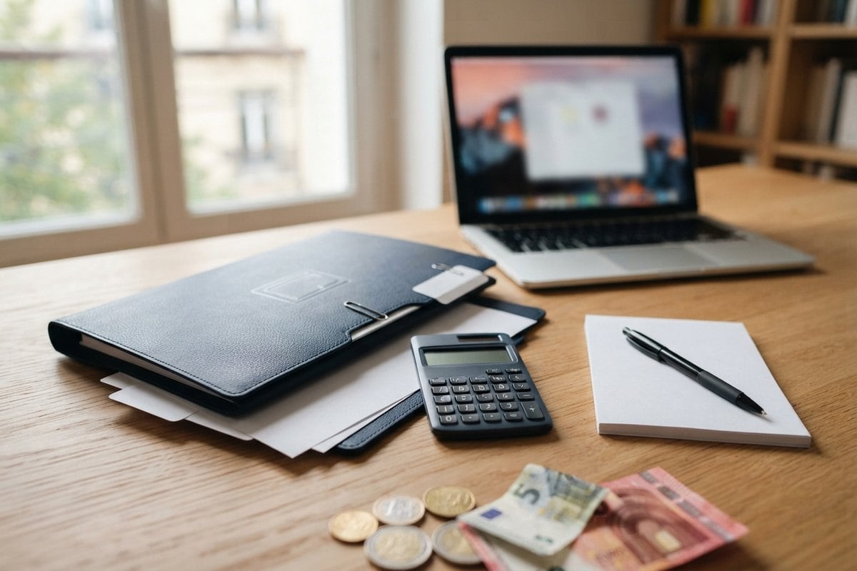 Classeur de contrat, calculatrice, bloc-notes et billets en euros sur un bureau en bois devant une fenêtre