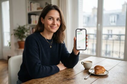 Femme souriante à une table de cuisine montrant un smartphone affichant une application d'épargne à 2,84 %