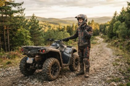 Quad boueux garé sur une piste forestière au coucher du soleil, un pilote casqué debout à côté, collines boisées en fond